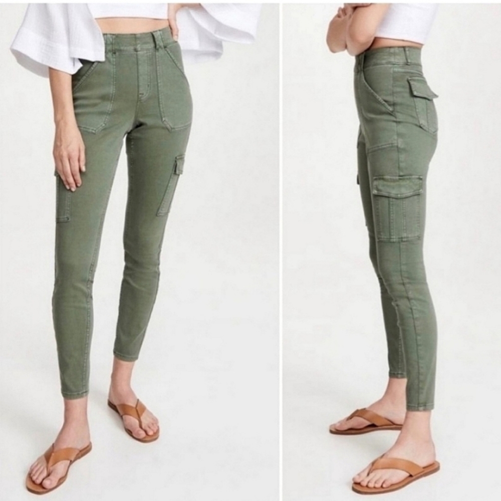Spanx Twill Ankle Cargo Leggings Pants sz L army green